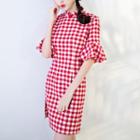 Elbow-sleeve Plaid Mini Qipao Dress