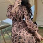 Puff-sleeve Floral Print Tie-neck Midi A-line Dress