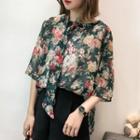 Floral Print Elbow-sleeve Chiffon Top With Sash