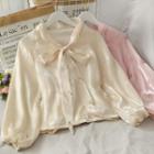 Ribbon-neckline Embroidered Loose Satin Blouse