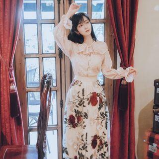 Set: Jacquard Blouse + Flower Print Midi A-line Skirt