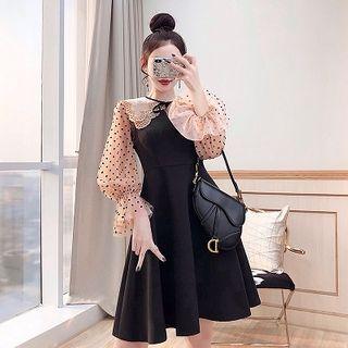 Set: Bell-sleeve Dotted Blouse + Mini Pinafore Dress