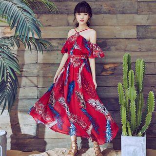 Halter Off-shoulder Short-sleeve Midi Dress