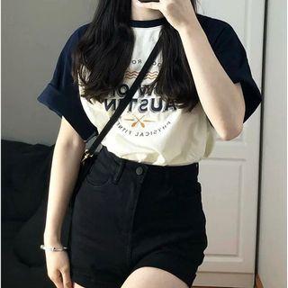Short-sleeve Lettering T-shirt / Denim Hot Pants / Set