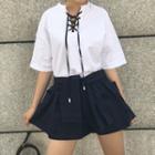 Lace Up Front Elbow Sleeve T-shirt / Plain Shorts
