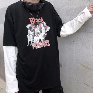 Angel Print Mock Two Piece Long-sleeve T-shirt Black - One Size