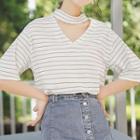 Elbow-sleeve Choker Neck Striped T-shirt