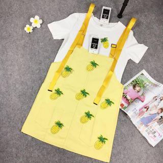 Set: Applique Short-sleeve T-shirt + Denim Pinafore Dress