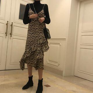 Long-sleeve Turtleneck Top / Spaghetti Strap Midi Dress
