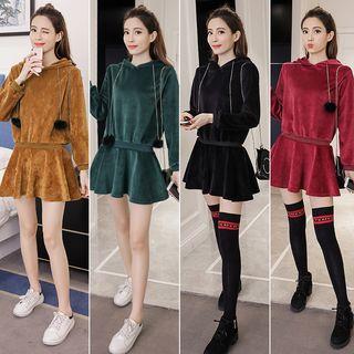 Long-sleeve Pleuche Mini A-line Hoodie Dress
