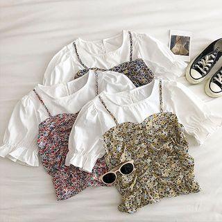 Mock Two-piece Floral Panel Crewneck Puff-sleeve Top