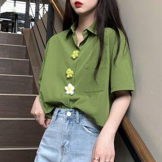 Flower-accent Short-sleeve Shirt Green - One Size