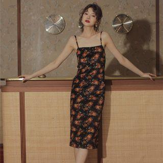 Flower Print Spaghetti-strap Midi Sheath Velvet Dress