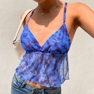 Tie-dye Print Mesh Camisole Top Blue - One Size