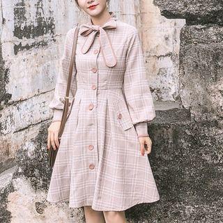 Puff-sleeve Plaid Tie-neck A-line Dress