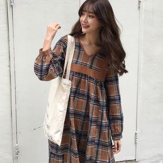 V-neck Long Sleeve Plaid Midi Dress
