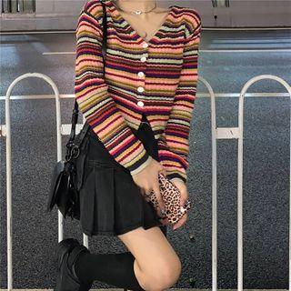 V-neck Striped Cardigan / Heart Belt / Denim Pleated Mini Skirt
