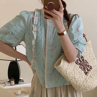 Short-sleeve Ruffled-trim Floral Shirt Blue - One Size