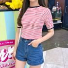 Contrast-piping Short-sleeve Stripe T-shirt