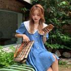 Short-sleeve Lace Collar A-line Denim Dress Blue - One Size
