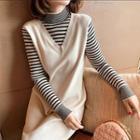 Mock Two-piece Mock-neck Striped Mini Sheath Sweater Dress