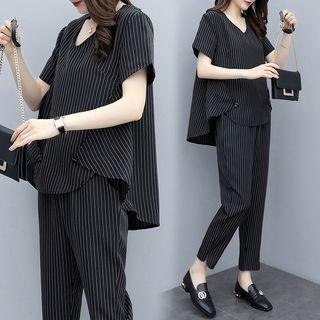 Set: Short-sleeve Striped Top + Straight Fit Cropped Pants