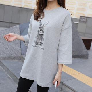 Drop-shoulder Rabbit-print T-shirt