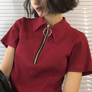 Rib-knit Half-zip Top
