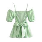 Puff-sleeve Cold-shoulder Bow Top