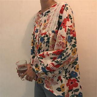 Lace Panel Floral Print Long-sleeve Blouse