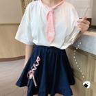 Cat Paw Elbow-sleeve T-shirt / Lace-up Mini Skirt