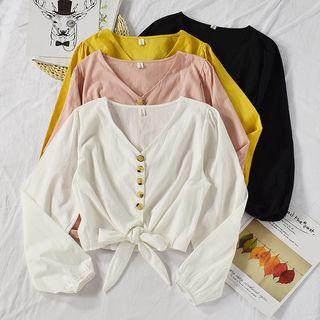 Long-sleeve Buttoned Knotted Cropped Blouse