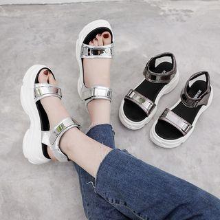 Metallic Detail Hook & Loop Platform Sandals