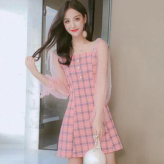 Mesh Sleeve Plaid Mini A-line Dress
