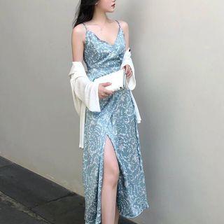 Patterned Spaghetti Strap Midi Dress / Plain Light Cardigan