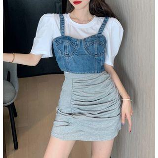 Balloon-sleeve T-shirt / Denim Camisole Top / Shirred Pencil Skirt