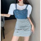 Balloon-sleeve T-shirt / Denim Camisole Top / Shirred Pencil Skirt