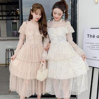 Long-sleeve Sequined Midi Tiered Dress