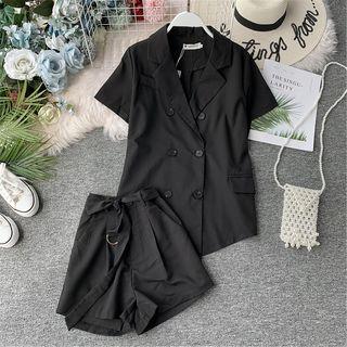 Set: Double-breasted Short-sleeve Blazer + Wide-leg Shorts