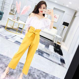 Set: Ruffle Cold Shoulder Blouse + High-waist Cropped Wide-leg Pants