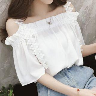 Ruffled Cold-shoulder Elbow-sleeve Chiffon Top
