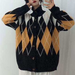 Diamond Patterned Button Cardigan As Shown In Figure - One Size
