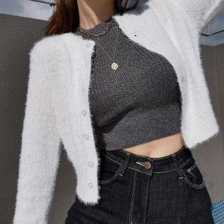 Crewneck Plain Woolen Single Breasted Cardigan
