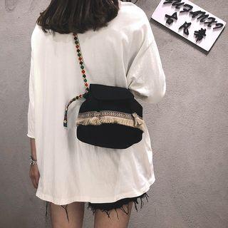 Fringed Canvas Drawstring Crossbody Bag
