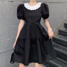 Short-sleeve Two Tone A-line Dress Black - One Size
