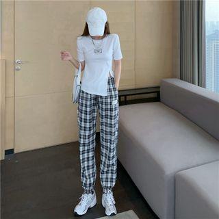 Short-sleeve Lettering Print Slit T-shirt / Plaid Wide Leg Pants