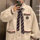 Fleece Button Jacket With Stripe Tie - White - One Size