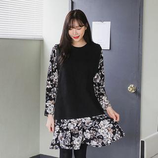 Set: Open-side Knit Top + Flounced Floral Dress