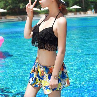 Set: Lace Tankini Top + Print Swim Bottom