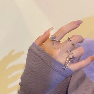 Set Of 2: Chained Rhinestone Alloy Ring + Chained Alloy Double Open Ring